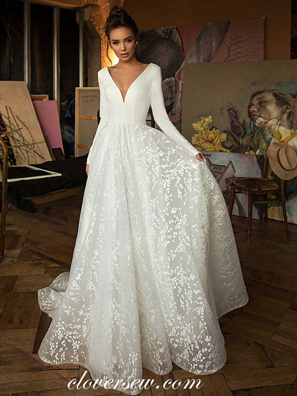 Fashion Lace Satin Long Sleeves A-line V-back Wedding Dresses,CW0108