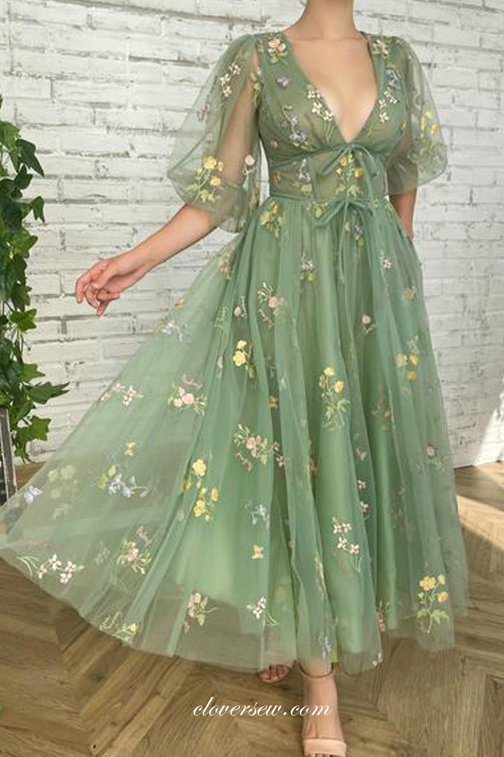 Floral Embroidery Tulle Half Sleeves V-neck Green Ankle Length Party Dresses, CP0733