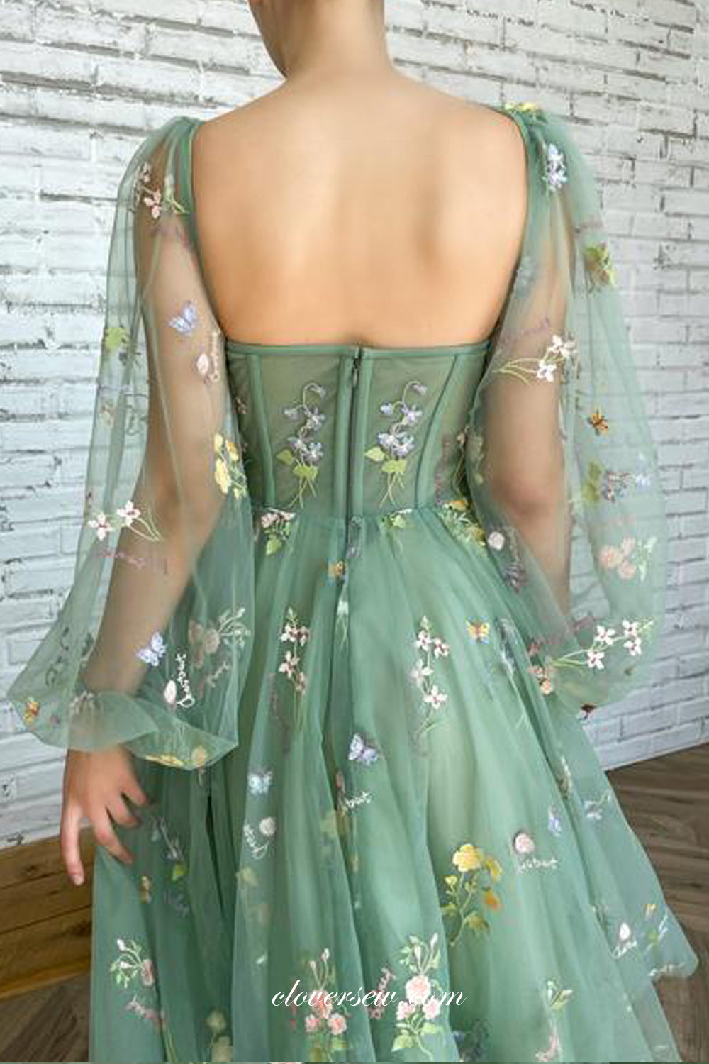Floral Embroidery Tulle Long Sleeves Green Tulle Ankle Length Party Dresses, CP0732
