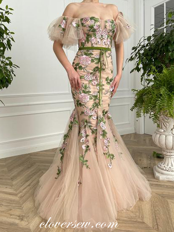 Floral Embroidery Tulle Nude Off The Shoulder Mermaid Prom Dresses, CP0770