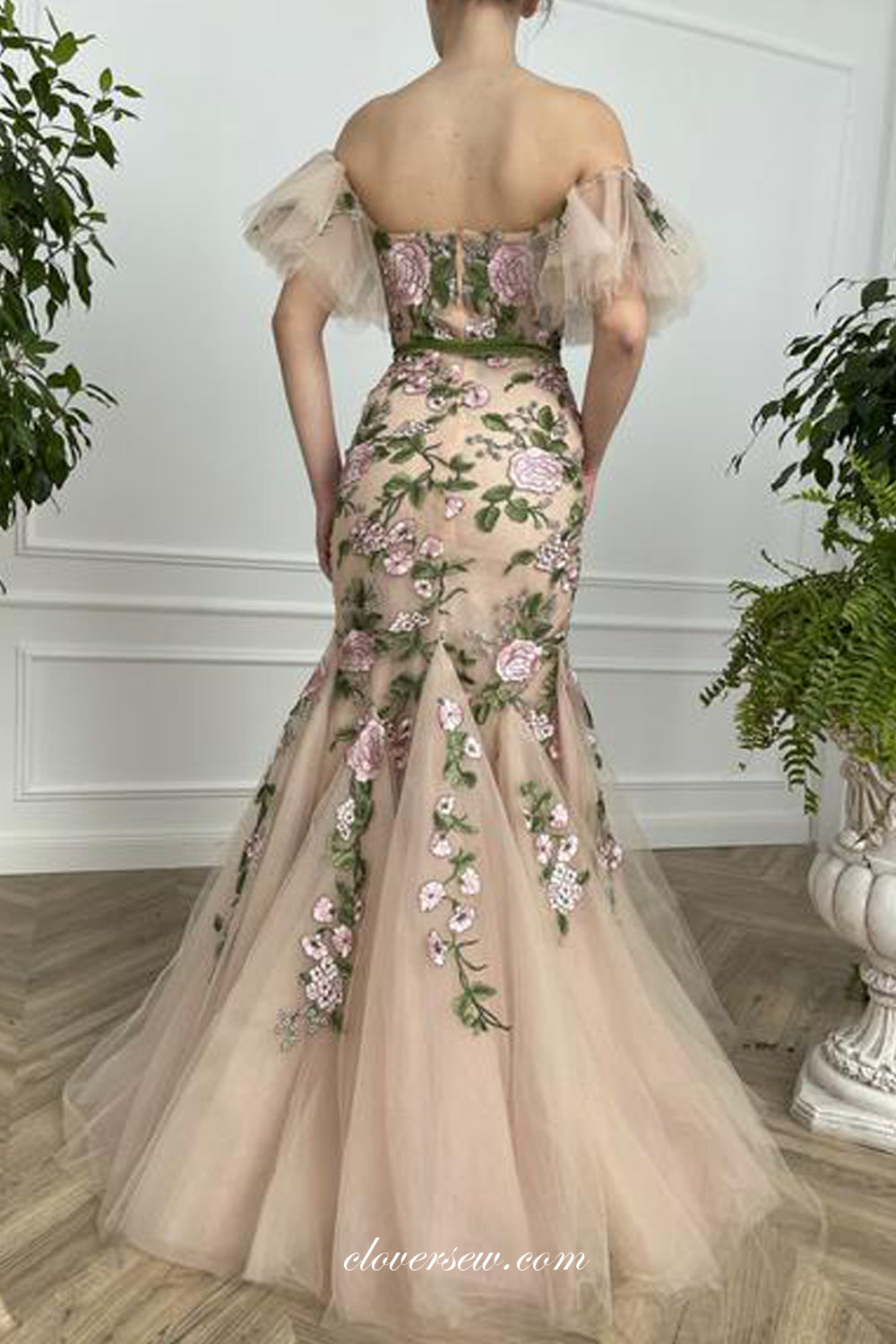 Floral Embroidery Tulle Nude Off The Shoulder Mermaid Prom Dresses, CP0770