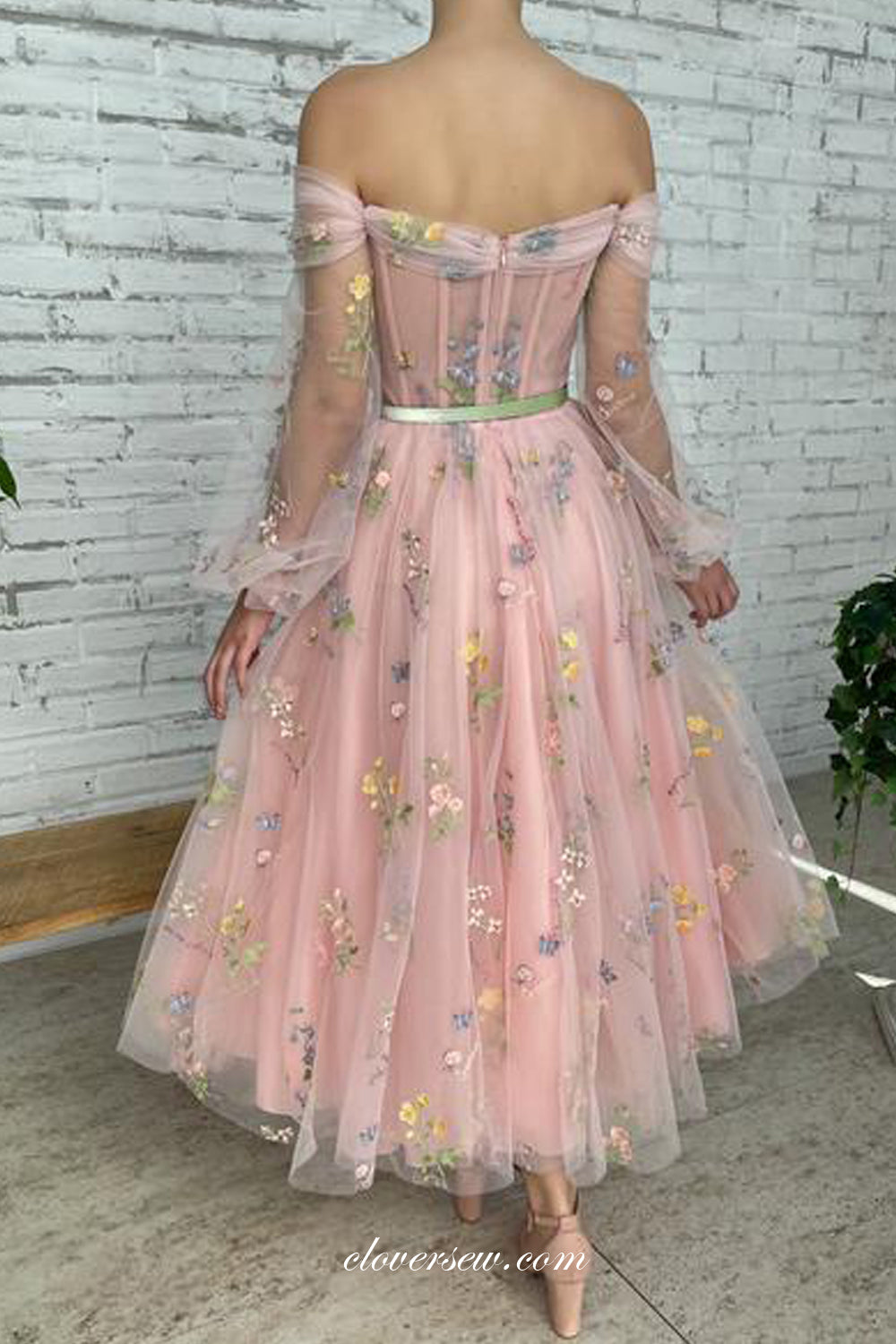 Floral Embroidery Tulle Off The Shoulder Long Sleeves Pink Ankle Length Party Dresses, CP0734