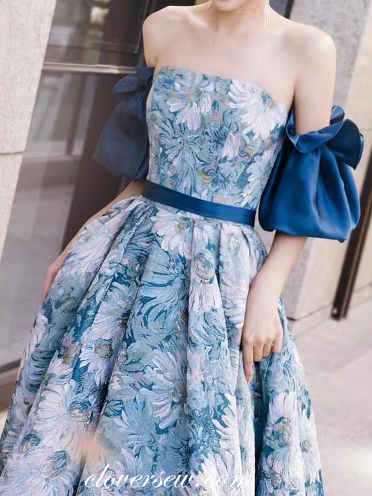 Floral Printed Satin Strapless With Detachable Sleeves Prom Dresses, CP0835