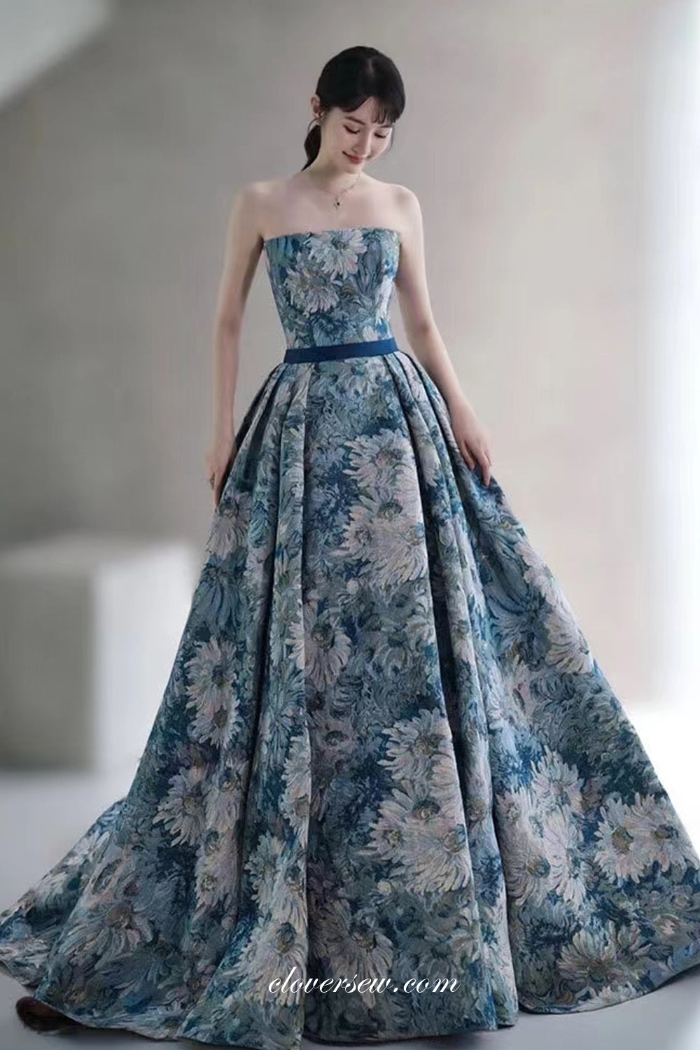 Floral Printed Satin Strapless With Detachable Sleeves Prom Dresses, CP0835