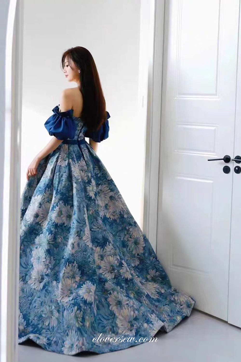 Floral Printed Satin Strapless With Detachable Sleeves Prom Dresses, CP0835