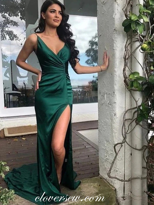 Forest Green Spaghetti Strap Pleating Sheath Silt Prom Dresses, CP0700