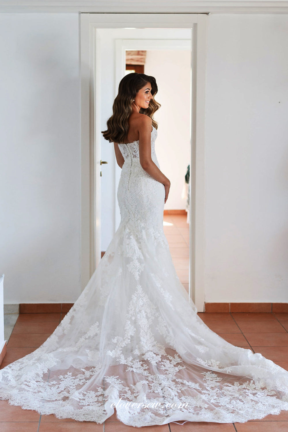 Fully Lace Applique Sweetheart Strapless With Stunning Train Wedding Dresses, CW0310