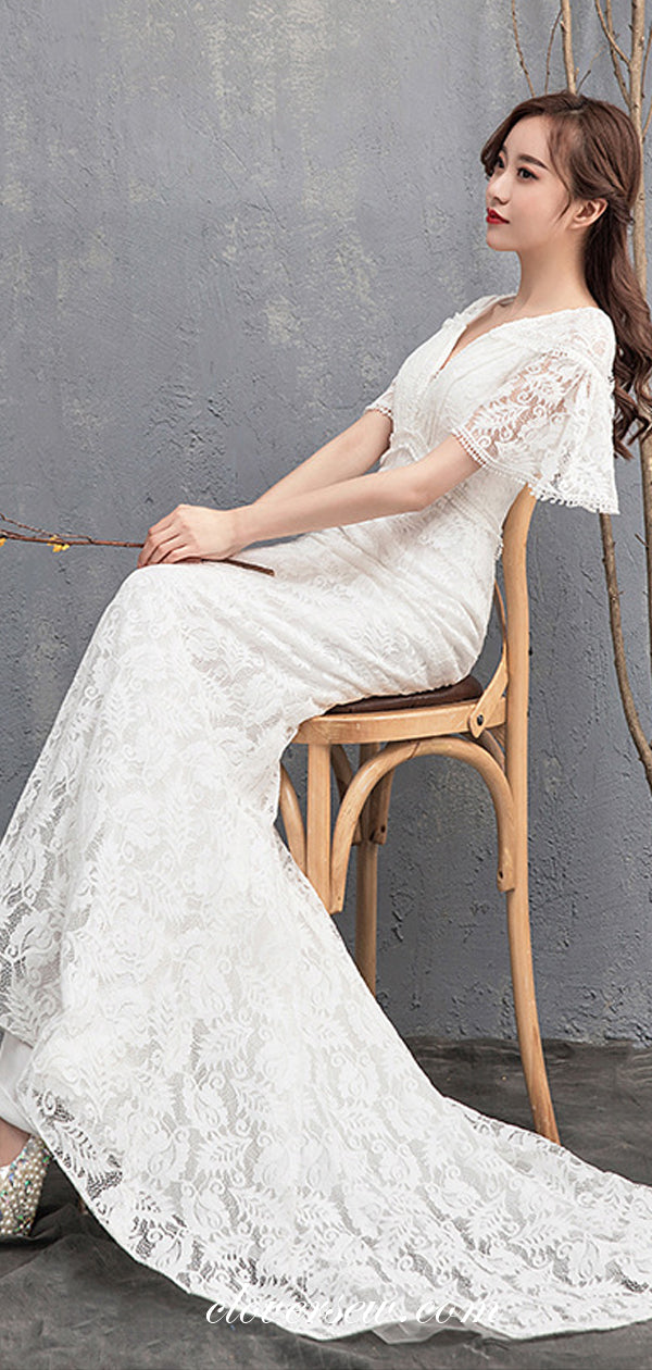 Fully Lace High Waist Half Sleeves Mermaid Elegant Wedding Dresses, CW0066