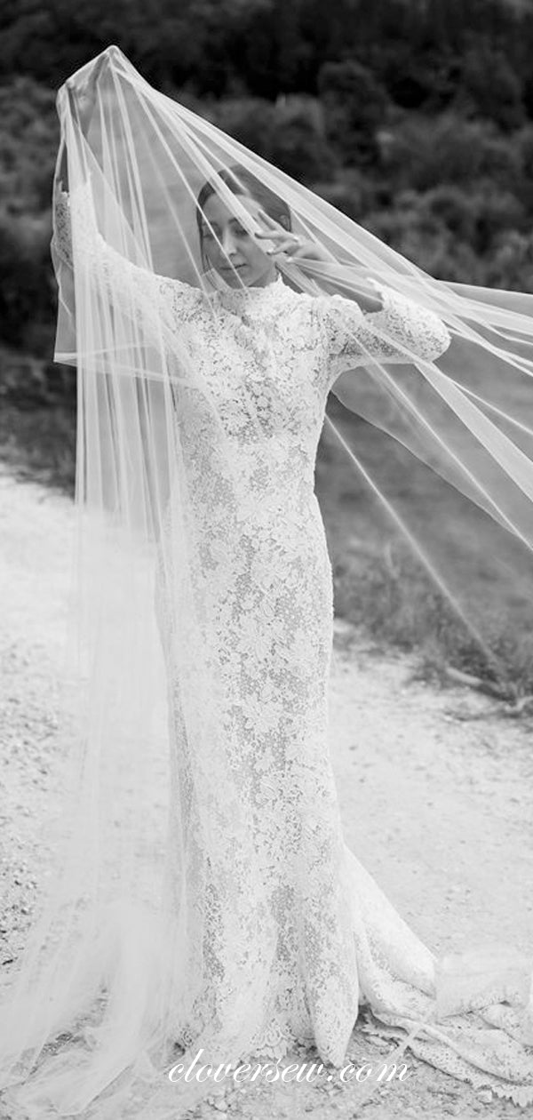 Fully Lace See Through Long Sleeves High Neck Mermaid Vintage Wedding Dresses, CW0017