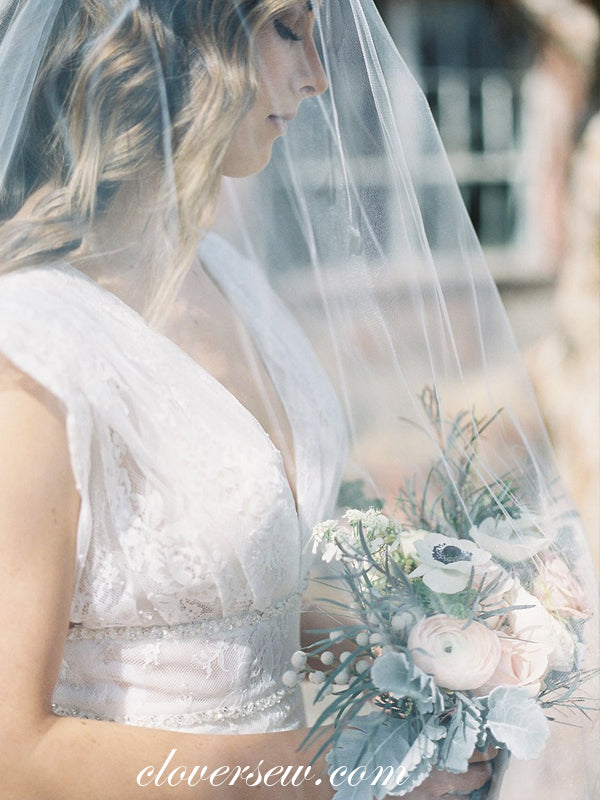 Fully Lace Sleeveless V-neck A-line Wedding Dresses, CW0056
