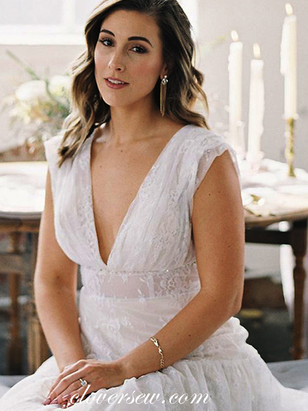 Fully Lace Sleeveless V-neck A-line Wedding Dresses, CW0056