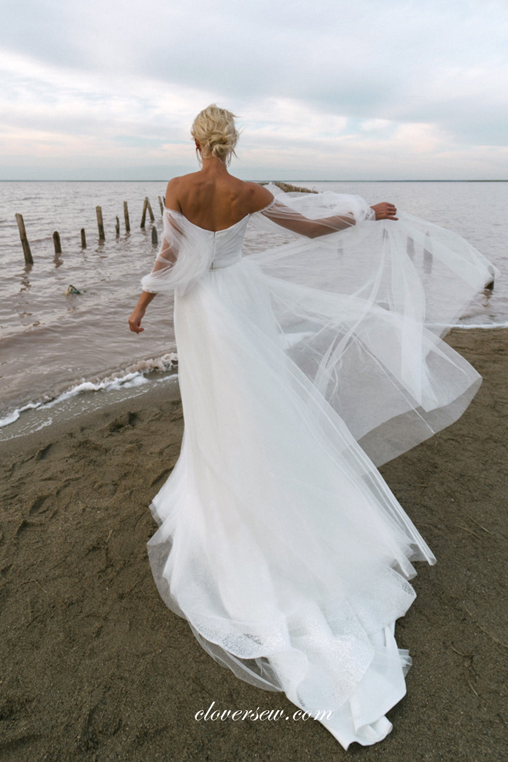 Glitter Tulle Off The Shoulder Shiny Beach Wedding Dresses, CW0347
