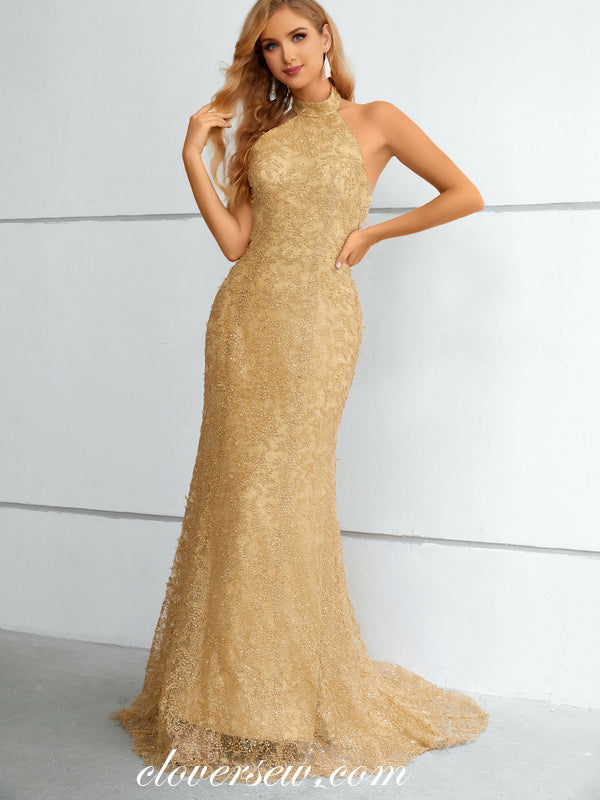 Gold 3D Embroidery Lace Halter Mermaid Elegant Prom Formal Dresses, CP0917