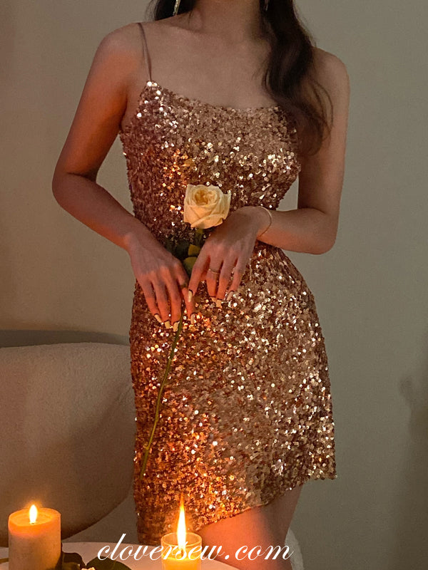 Gold Champagne Sequined Spaghetti Strap Sheath Cocktail Dresses, CH0042