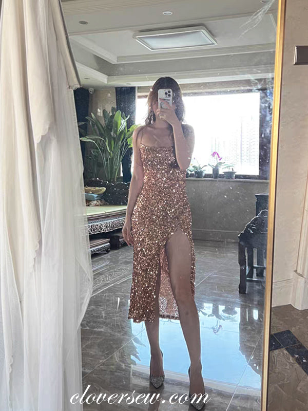 Gold Champagne Sequined Spaghetti Strap Side Slit Party Dresses,CH0045