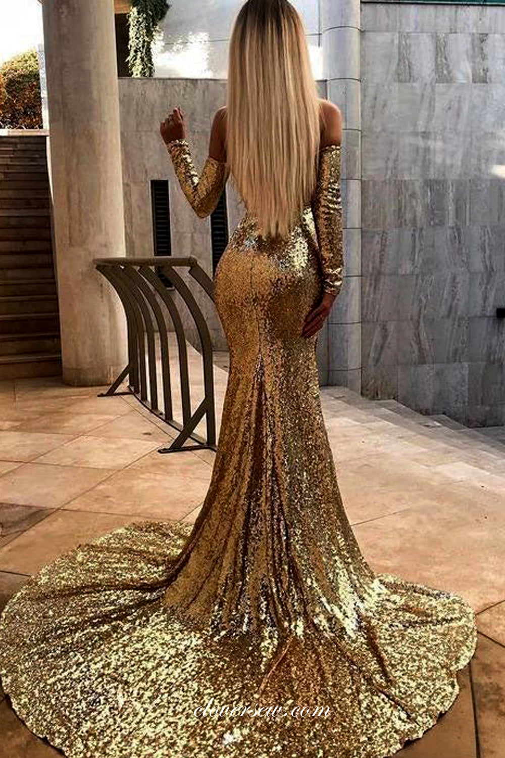 Gold Sequin Mermaid Sweep Train Long Sleeves Sparkly Prom Dresses, CP0964