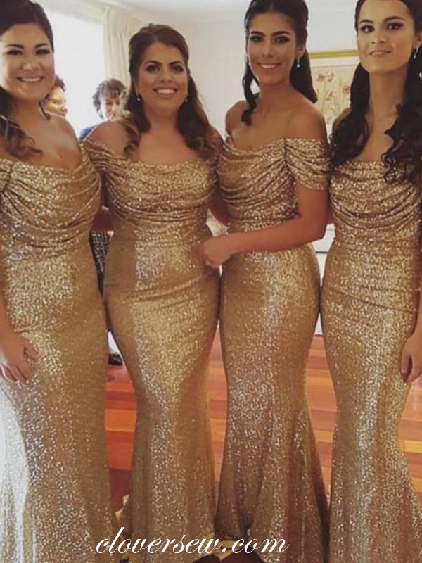 Gold Sequin Off The Shoulder Mermaid Shiny Bridesmaid Dresses,CB0168