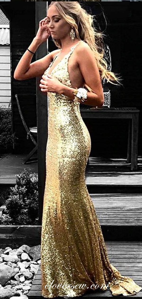 Gold Sequin V-neck Backless Sheath Prom Dresses, CP0518