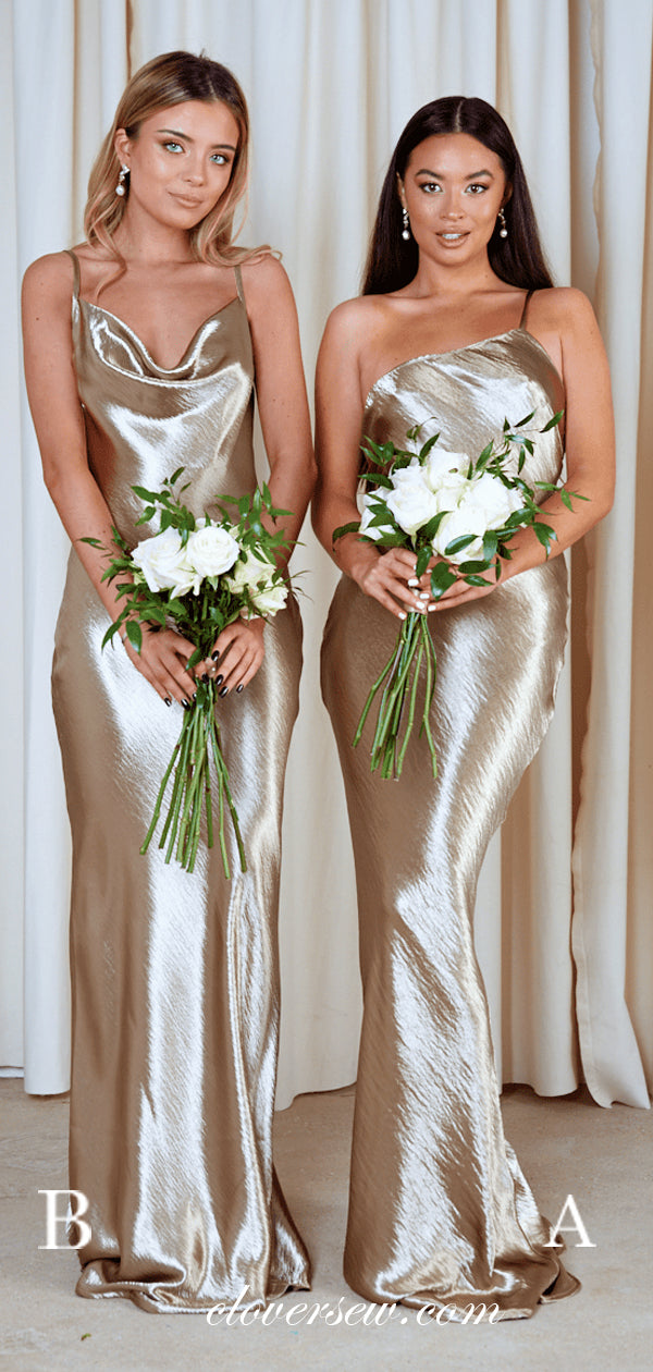 Gold Shiny Satin Mismatched Spaghetti Strap Sheath Bridesmaid Dresses, CB0153