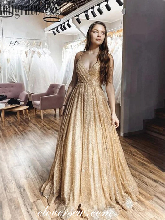 Gold Shiny Tulle Spaghetti Strap V-neck A-line Fashion Dresses,CP0580