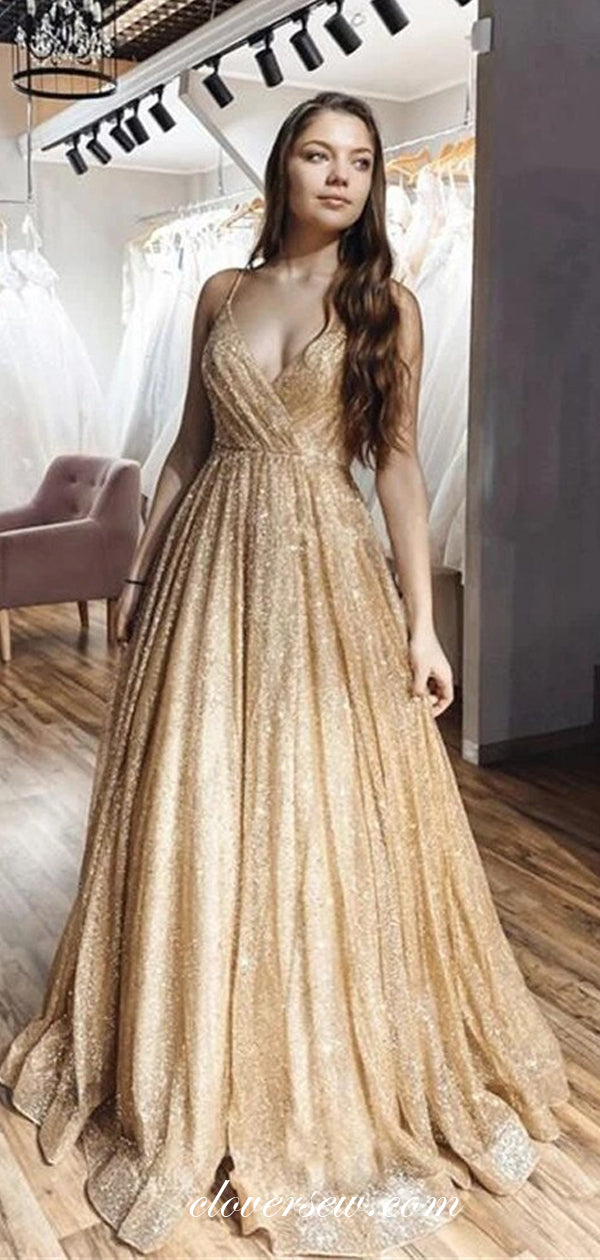Gold Shiny Tulle Spaghetti Strap V-neck A-line Fashion Dresses,CP0580