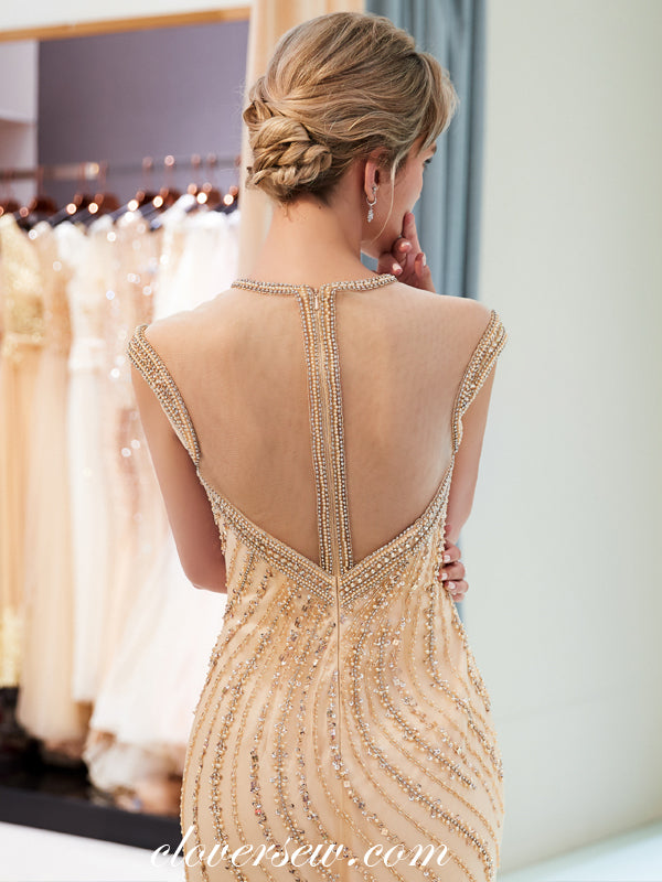 Gold Bead Rhinestone Illusion Neckline Sheath Prom Dresses, CP0250