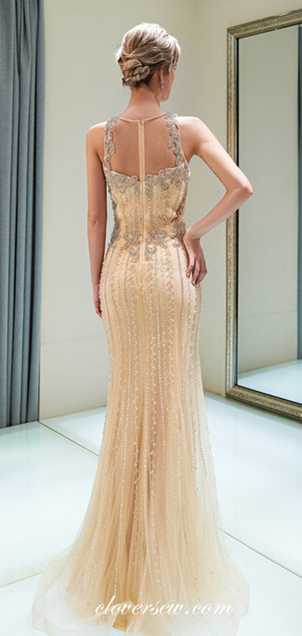 Gold Bead Rhinestone Round Neck Sleeveless Mermaid Prom Dresses,CP0365