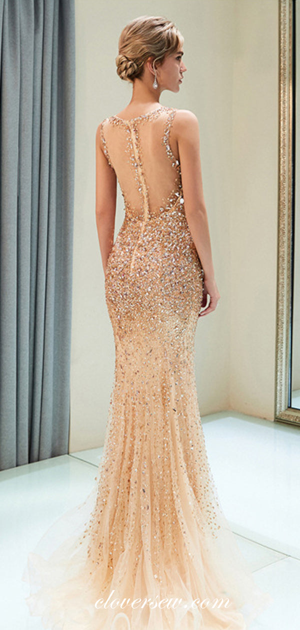 Gold Rhinestone V-neck Sleeveless Mermaid Prom Dresses ,CP0364