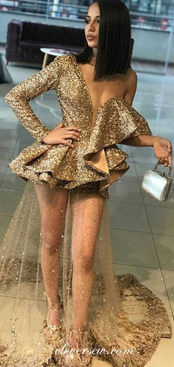 Gold Sequin One Shoulder Long Sleeves See Through Prom Dresses, CP0107
