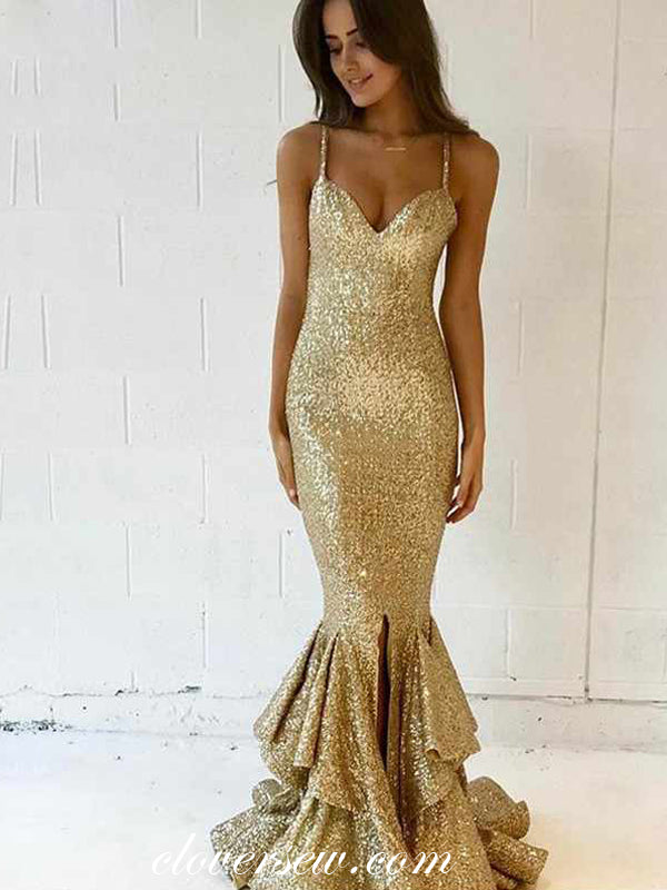 Gold Sequin Spaghetti Strap Ruffles Mermaid Prom Dresses, CP0106