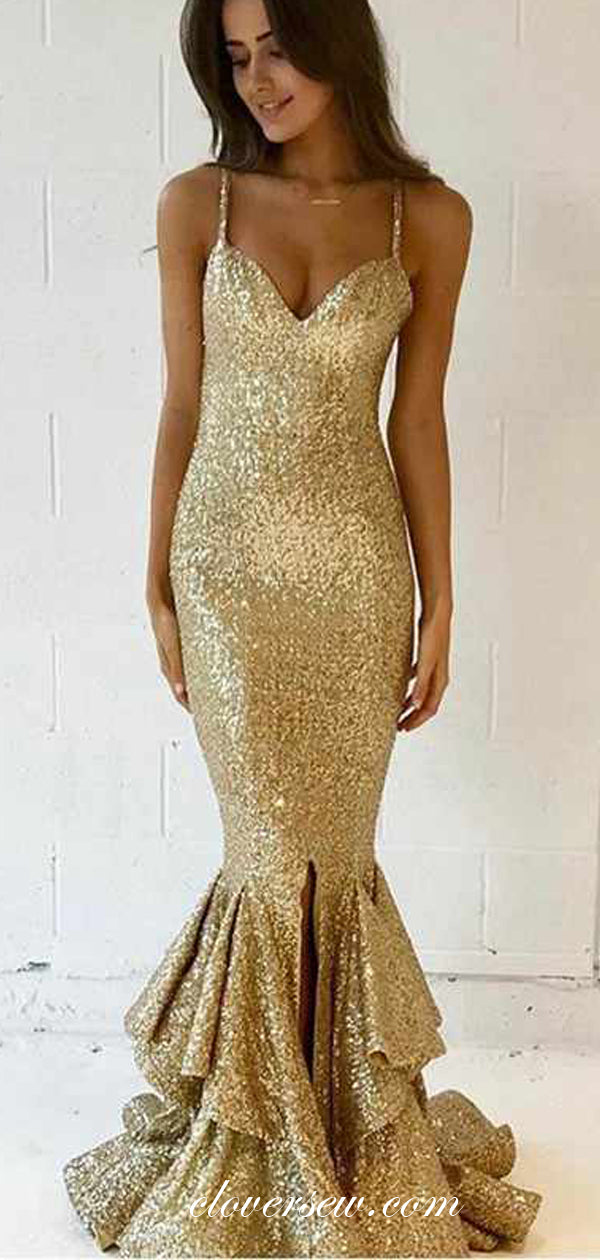 Gold Sequin Spaghetti Strap Ruffles Mermaid Prom Dresses, CP0106