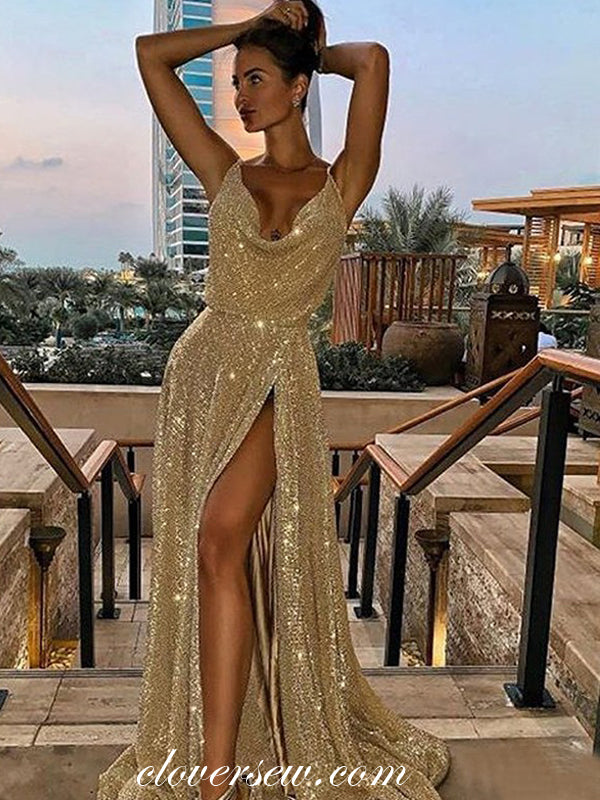 Gold Sequin Spaghetti Strap Sexy High Slit Party Dresses,CP0174