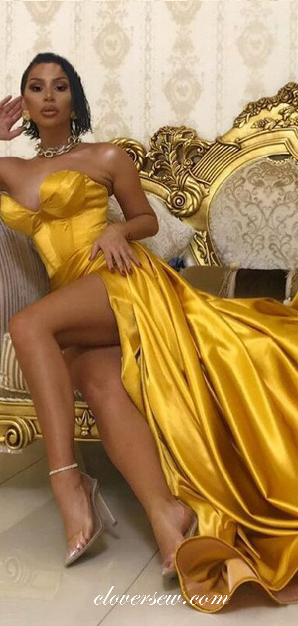 Gold Sweetheart Strapless High Slit Sheath Formal Dresses,CP0447