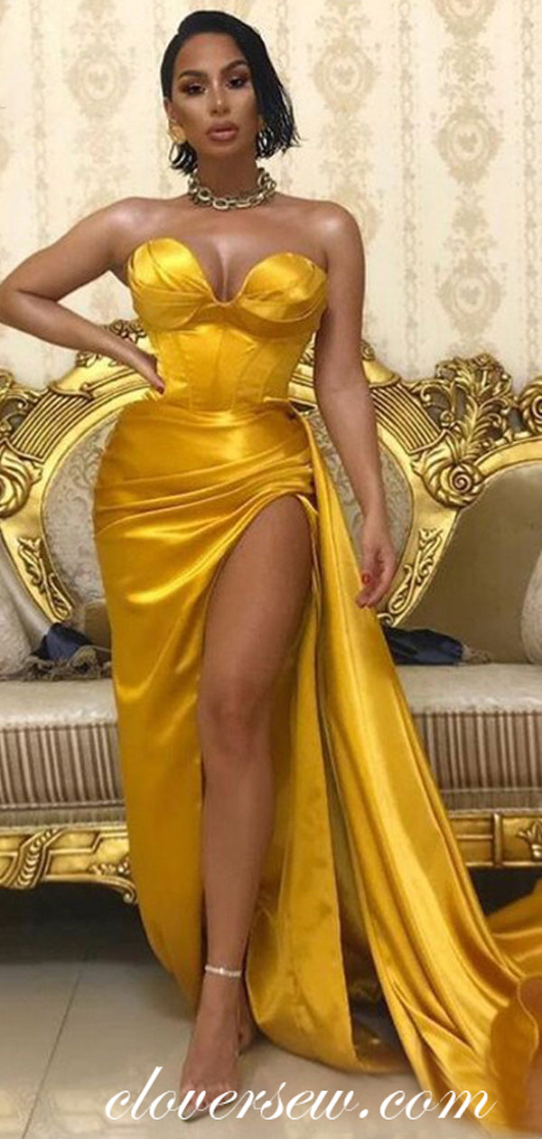 Gold Sweetheart Strapless High Slit Sheath Formal Dresses,CP0447