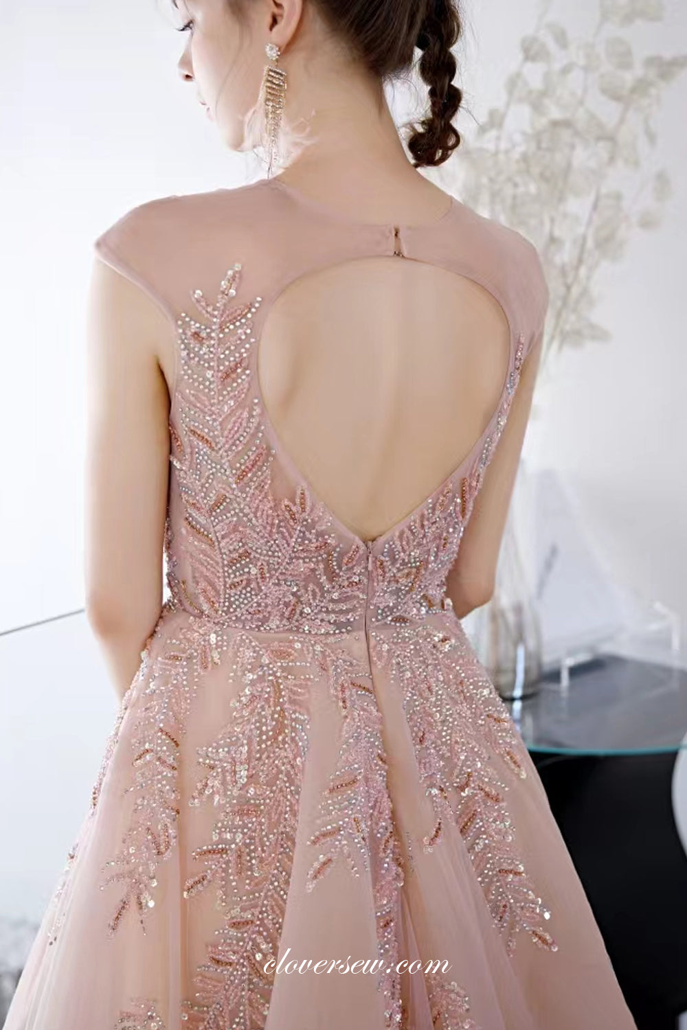 Gorgeous Beading Applique Pink Tulle Cap Sleeves A-line Prom Dresses,CP0975