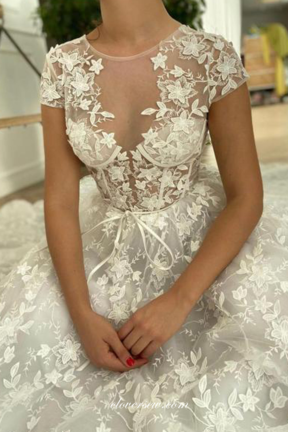 Gorgeous Lace Short Sleeve Illusion Top A-line Wedding Dresses CW0268