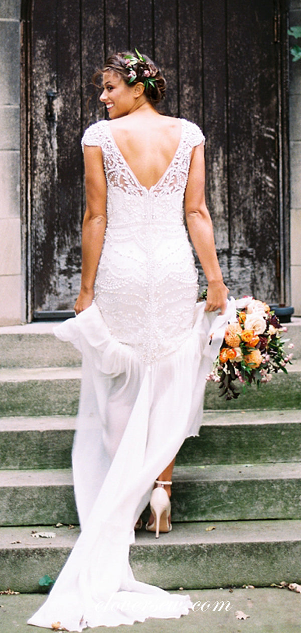 Gorgeous Bead Chiffon Cap Sleeves Mermaid Wedding Dresses, CW0059