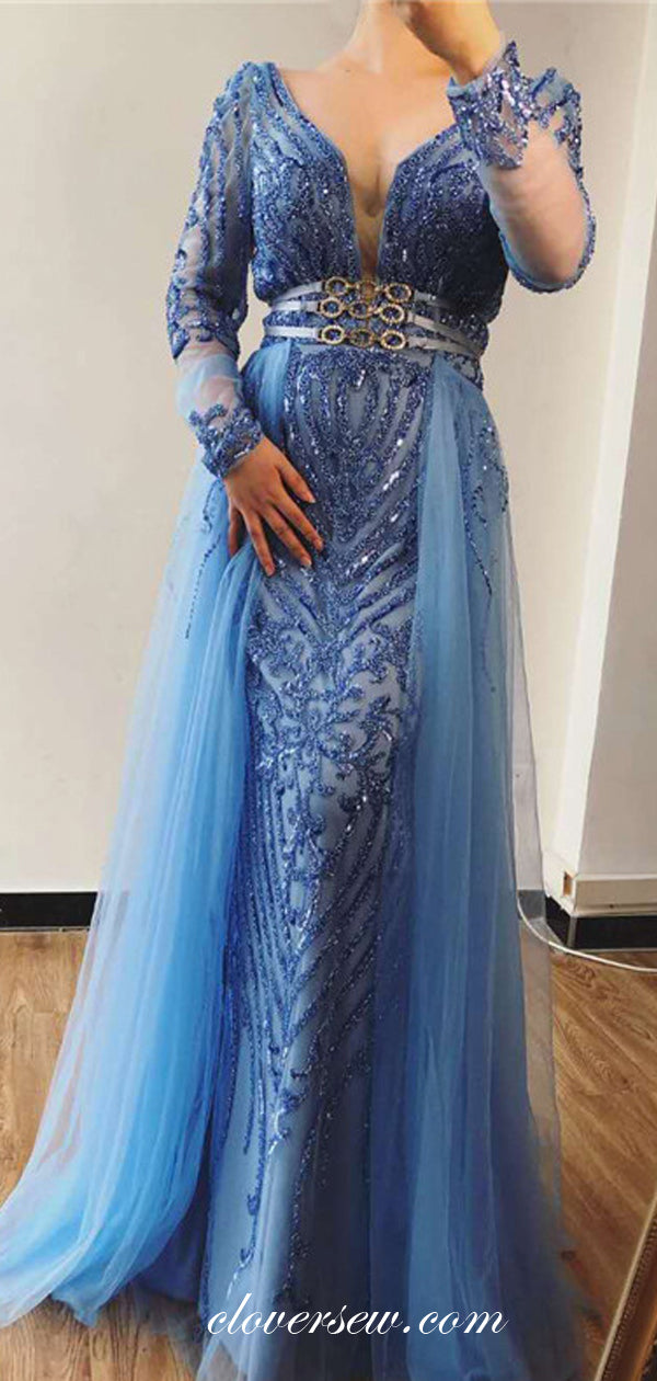 Gorgeous Blue Tulle Bead Applique Long Sleeves Sheath Formal Dresses, CP0179