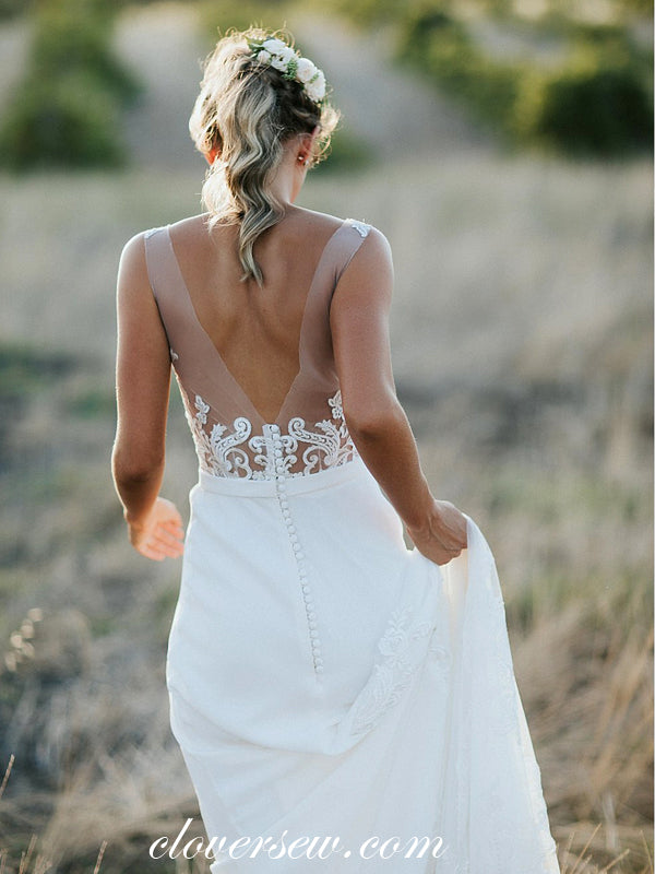 Gorgeous Lace Applique Illusion V-back Sheath With Train Wedding Dresses, CW0003
