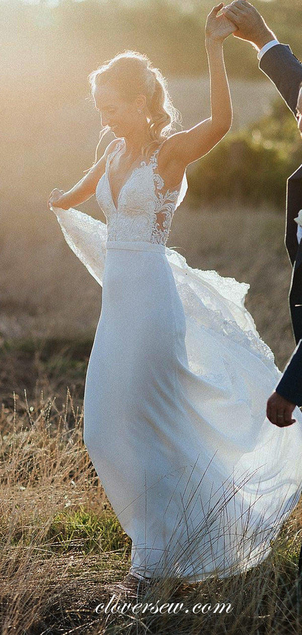 Gorgeous Lace Applique Illusion V-back Sheath With Train Wedding Dresses, CW0003