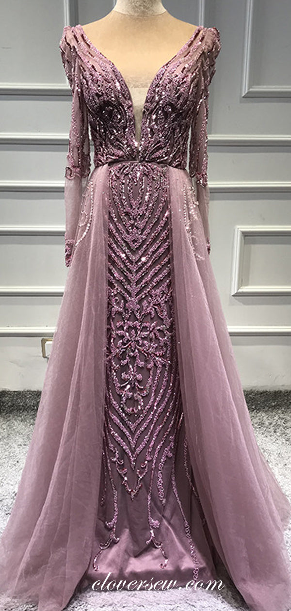 Gorgeous Tulle Bead Applique Long Sleeves Sheath Formal Dresses, CP0184