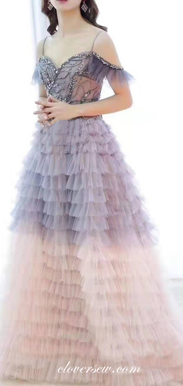 Gradient Ruffles Tulle Off The Shoulder A-line Prom Dresses ,CP0166