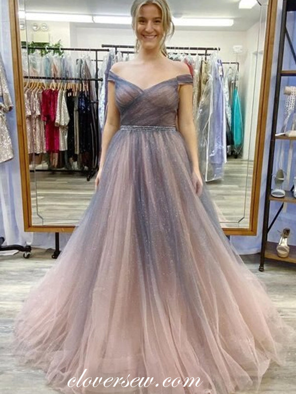 Gradient Shiny Tulle Off The Shoulder A-line Prom Dresses,CP0398