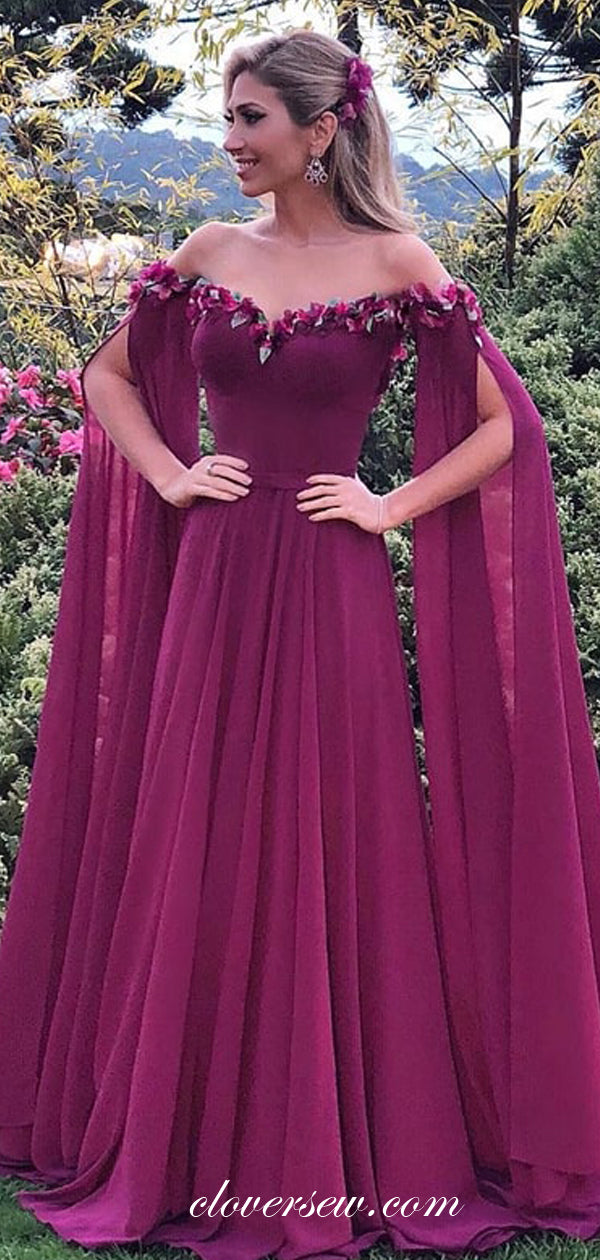 Grape Purple Chiffon Long Sleeves Off The Shoulder A-line Prom Dresses,CP0315