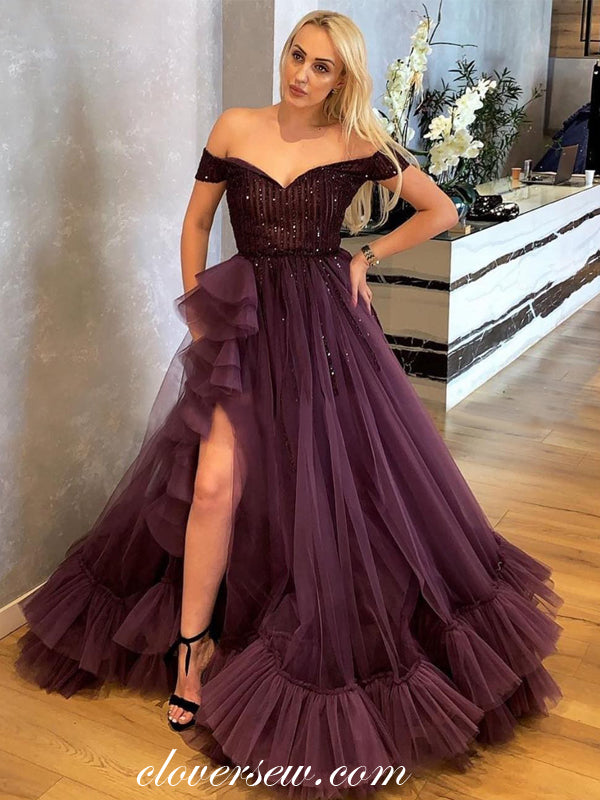 Grape Tulle Bead Top Off The Shoulder Ruffles A-line Prom Dresses, CP0124