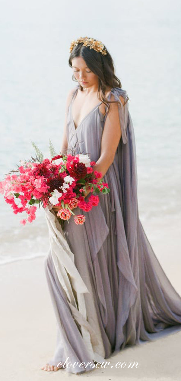 Gray Chiffon V-neck Sleeveless With Train Beach Wedding Dresses,CW0166