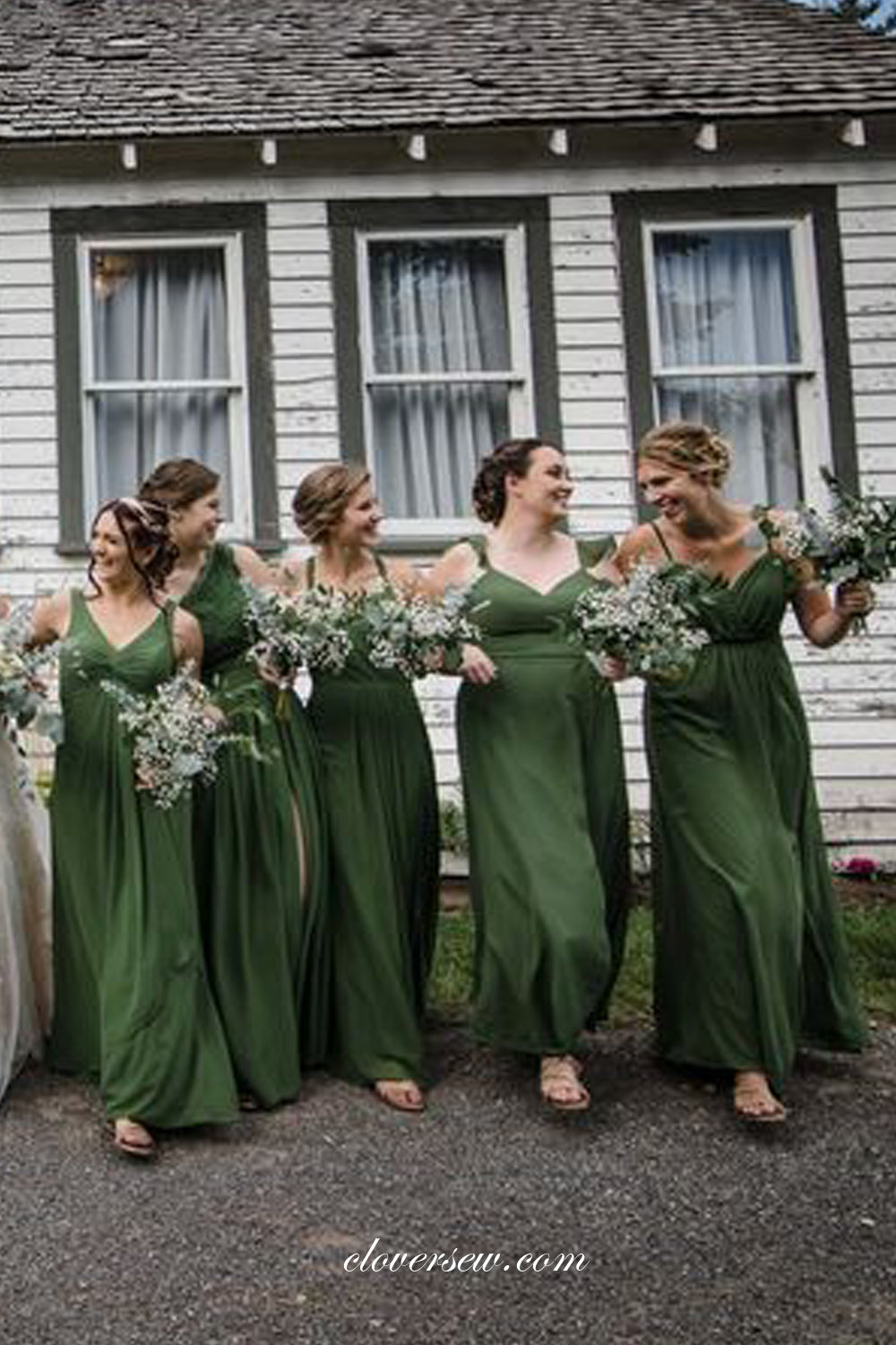 Green Chiffon Mismatched Sleeveless High Waist Long Bridesmaid Dresses, CB0279
