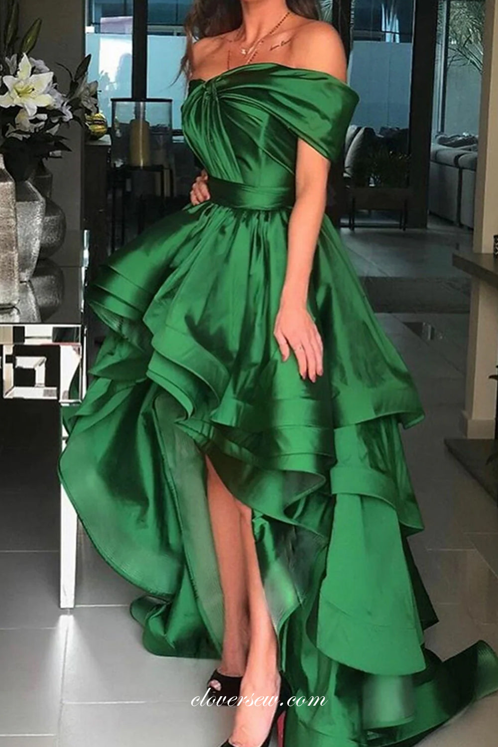 Green Satin High Low Pleating Off The Shoulder Prom Dresses, CP0803
