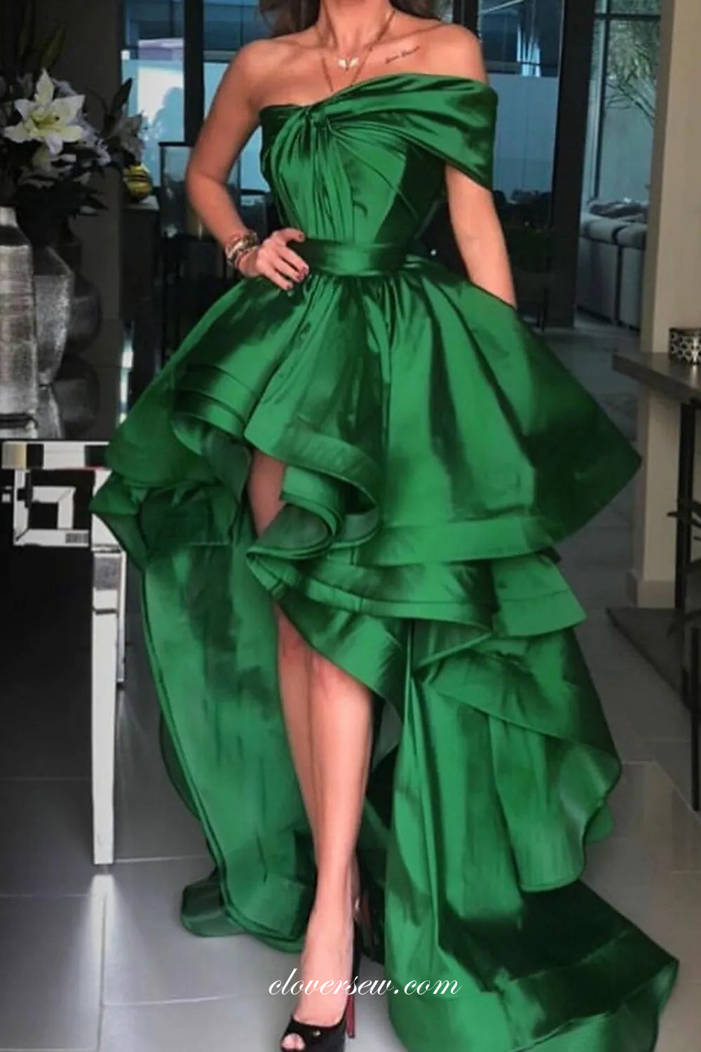 Green Satin High Low Pleating Off The Shoulder Prom Dresses, CP0803