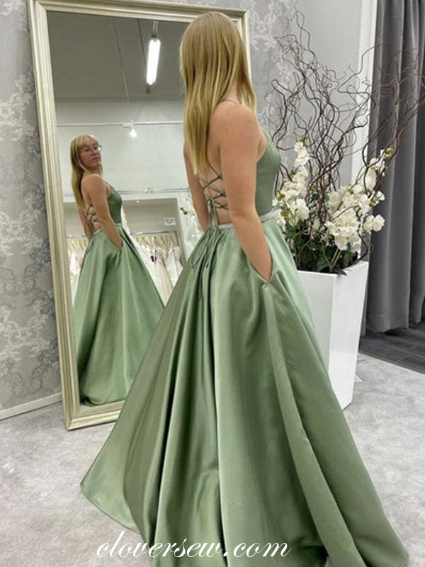 Green Spaghetti Strap Lace Up Back A-line Simple Prom Dresses, CP0863